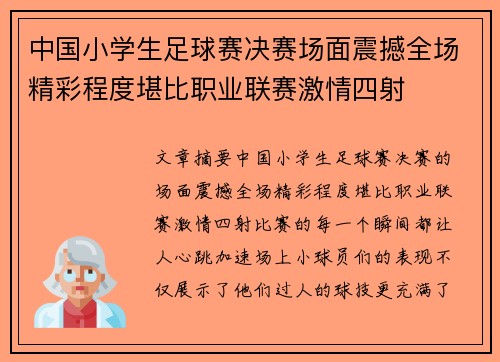中国小学生足球赛决赛场面震撼全场精彩程度堪比职业联赛激情四射