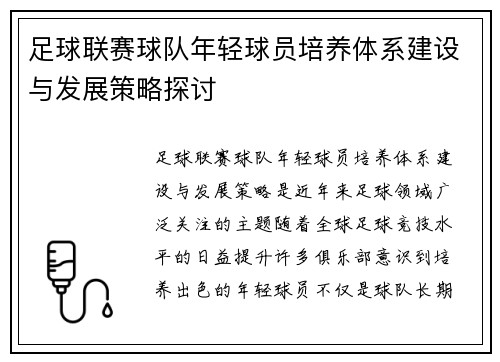 足球联赛球队年轻球员培养体系建设与发展策略探讨