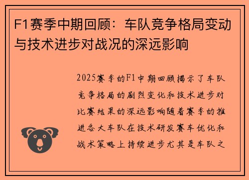 F1赛季中期回顾:车队竞争格局变动与技术进步对战况的深远影响 F1赛季中期回顾:车队竞争格局变动与技术进步对战况的深远影响