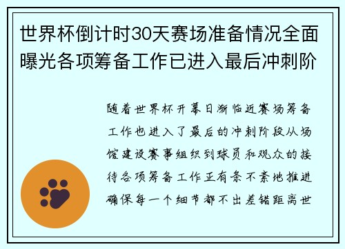 世界杯倒计时30天赛场准备情况全面曝光各项筹备工作已进入最后冲刺阶段